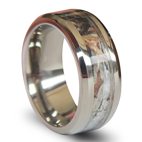 8mm White Beveled Titanium Comfort Fit Wedding Bands with Desert Camouflage Inlay Hunting Bands for Men Women Promise Engagement Matching Rings for Couples Holiday Birthday Gift for Boyfriend Girlfriend
