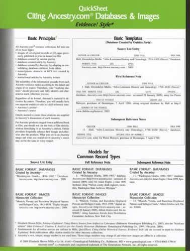 Quicksheet Citing Ancestry.com Databases &amp; Images by Elizabeth Shown Mills