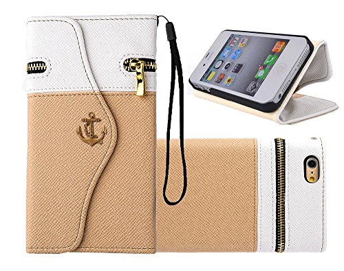 iPhone 5 Case, iPhone 5S Case, Welity White/Beige Color Zipper Purse with Pirate Hook Wallet Leather Case Cover With Credit Card Slots & Money Holders for Apple iPhone 5/5S/5G and one gift