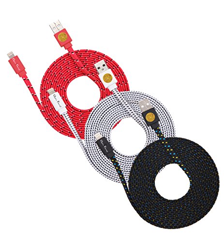 10ft Braided Flat Noodle Lightning Cables for iPhone 6s, 6 Plus (red wte blk)