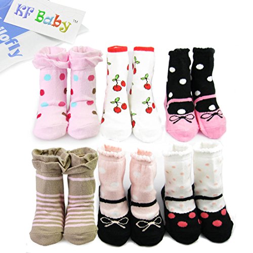 KF Baby Non-Skid Baby Girl Socks, 6 pairs, Infants to Toddlers
