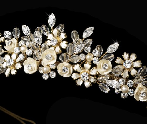 

Elegance Collection - Gold Tone and Champagne Porcelain Flower Accented Headband