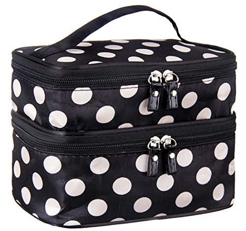 Cosmetic Bag Double Layer Dot Pattern Travel Toiletry Bag Organizer With Mirror