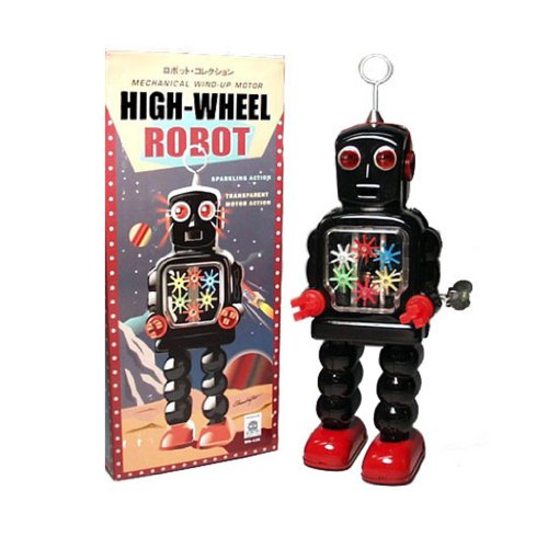 Vintage Style Black Windup Tin High Wheel Robot