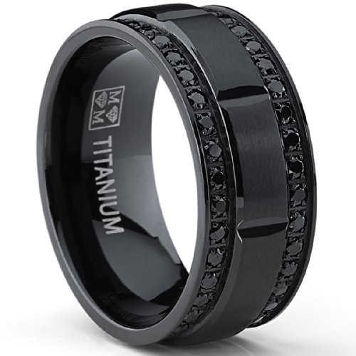 9MM Men's Black Titanium Wedding Band Ring with Double Row Black Cubic Zirconia, Comfort Fit