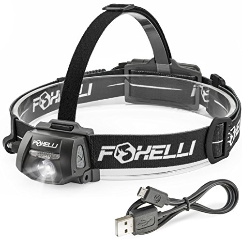 Foxelli USB Rechargeable Headlamp Flashlight – 100 Hours of Constant Light on a Single Charge, Ultra Bright, Waterproof, Impact Resistant, Lightweight & Comfortable, Two Mini USB Charging Cables Incl.