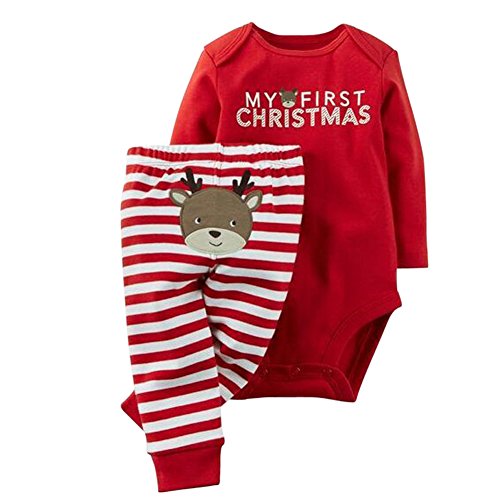 Rorychen Baby Unisex 2PCS Clothes Set:Red Bodysuit+Striped Pants Christmas(0-2T)