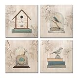 SpecialArt - Series Paintings Wall Art - Bird House Glass Cover Nest Eggs Books painting - 4 Panels Picture Print on Canvas for Modern Home Decor