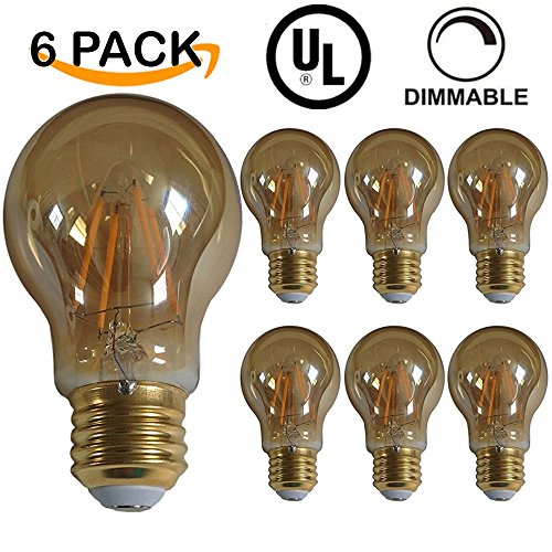 6 PACK - UL LISTED - LED A19 Edison Style Filament Light Bulb, 5W, DIMMABLE, 25W Equivalent, 2200K Warm White, 350 Lumens, 15,000 Life Hours