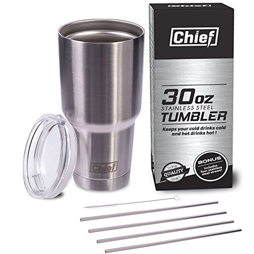 Chief 30oz Stainless Steel Tumbler Bundle With Premium Quality 18/8 Stainless Steel Insulated Tumbler Cup + 4 Stainless Steel Straws + Straw Cleaner