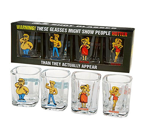 Shot Glasses - Gift Set of 4 Funny Shooter Square Shot Glasses - 2 Ounces - Fun Cartoon Like Designs - Perfect Gag Gift for any Party Occassion - Birthdays and Bachelor/Bachelorette Parties