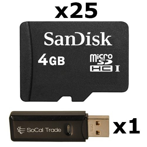 25 PACK - SanDisk 4GB MicroSD HC Memory Card SDSDQAB-004G (Bulk Packaging) LOT OF 25 with SoCal Trade USB 2.0 MicoSD & SD Memory Card Reader