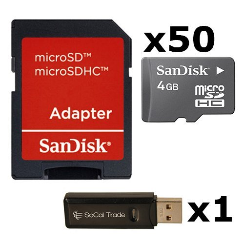 50 PACK - SanDisk 4GB MicroSD HC Memory Card SDSDQAB-004G (Bulk Packaging) LOT OF 50 with SD Adapter and SoCal Trade USB 2.0 MicoSD & SD Memory Card Reader