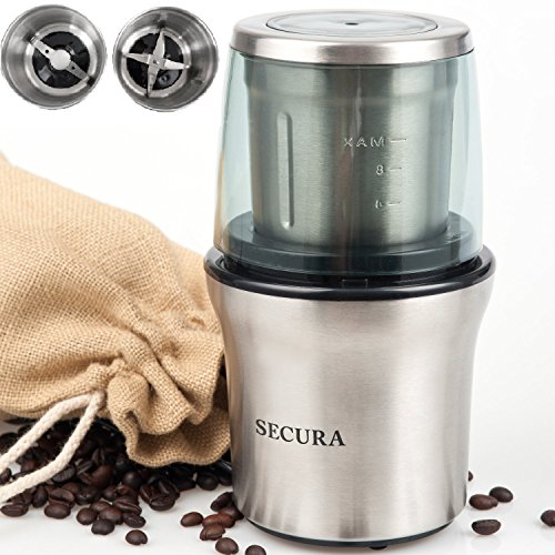 Secura Electric Coffee Grinder & Spice Grinder with 2 Stainless-Steel Blades Removable...