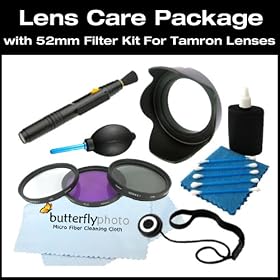 Vivitar 52mm Filter Kit and Lens Hood + Care Package For Tamron 55-200mm and other lenses with 52mm filter size
