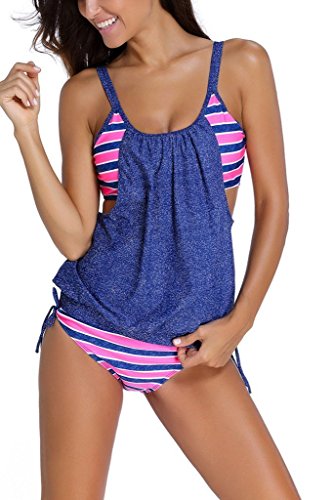 Vilania Women Stripes Lined Up Double Up Tankini Top Bikini Swimwear