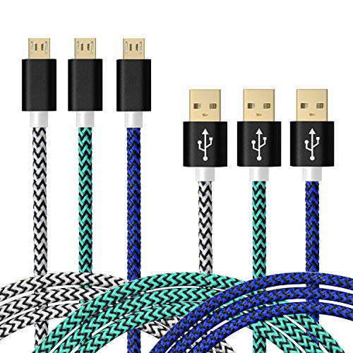 Aupek [3-Pack] 6ft Micro USB Cables High Speed USB 2.0 A Male to Micro B Data Sync and Charge Cables Cord for Android, Samsung, HTC, Motorola, Nokia LG, Sony, Blackberry and More (White+Green+Blue)
