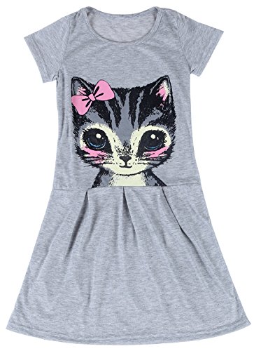 Wind Girl Little Girls' Summer Cat Cartoon Pattern Grey Dress(FBA)