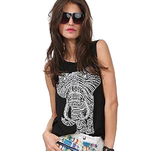

Elephant Pattern Printing Women's Loose Round Neck Black Tank Tops