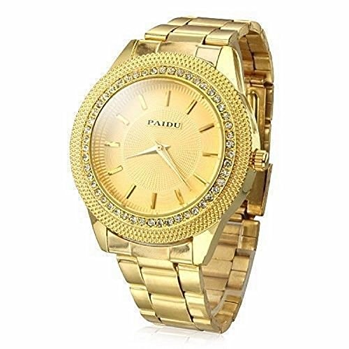 Mens Gold Watches Diamond Dial Gold Steel Analog Quartz Wrist Watch