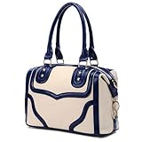LACOLE Beige and Blue Accents Top Double Handle Doctor Style Office Tote Bowler Satchel Handbag Purse Convertible Shoulder Bag