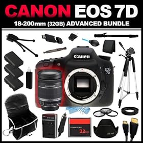 Canon EOS 7D 18 MP CMOS Digital SLR Camera with 3-Inch LCD and Canon EF-S 18-200mm f/3.5-5.6 IS Standard Zoom Lens (32GB Advanced Bundle Kit) includes x3 Batteries, Charger, Case, Memory Card, Memory Card Wallet, HDMI Cable, Table Tripod, Full Size Tripod, Monopod, USB Card Reader, x3 Filters, Lens 