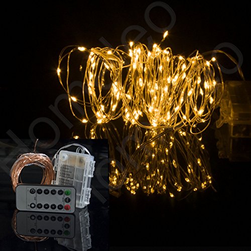 Homeleo 10 Meters 100 LEDs Battery Operated Christmas String Lights w/ Remote Wireless Dimmable LED Copper Wire String Lights Flexible Indoor Outdoor String Lights(Warm White,Waterproof)