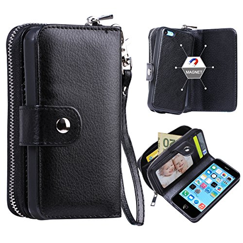 iPhone 5C Case, Vofolen® [Zipper Wallet] iPhone 5C Cover PU Leather Protective Shell Folio Flip Holster Carrying Case Detachable Slim Defender Card Holder Wrist Strap for Apple iPhone 5C -Black