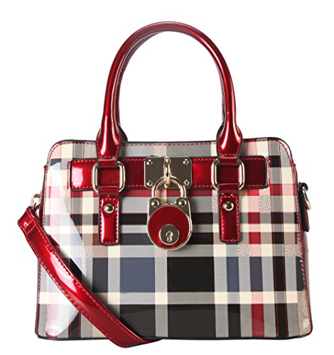Rimen & Co. Patent Faux Leather Front Lock Mini Plaid Tote Handbag GZ-3078