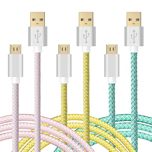Boxeroo 6ft / 2m durable Nylon Braided Tangle-Free Micro USB Cable with Gold-Plated Connectors for Android, Samsung, HTC, Nokia, Sony, Motorola and More(Pink, Yellow, Green)