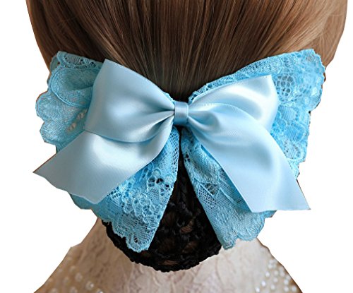 Korean Style Elegent Lace Bow Bowknot Mesh Elastic Snood Net Hairnets Barrette Hair Clip Accessories Decor Bun Cover Blue , Two ways to wear