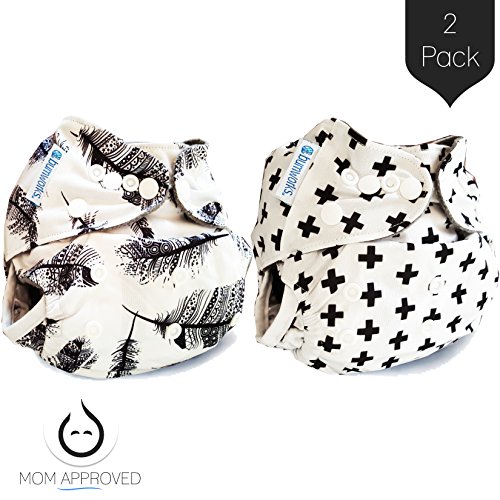 Bumworks Charcoal Double Gusset Bamboo Pocket Cloth Diapers with Bamboo 4 Layer Inserts (Set of 2) - Perfect Designs for Boys and for Girls - Makes for Great Shower Gift (Feather and Swiss Cross)