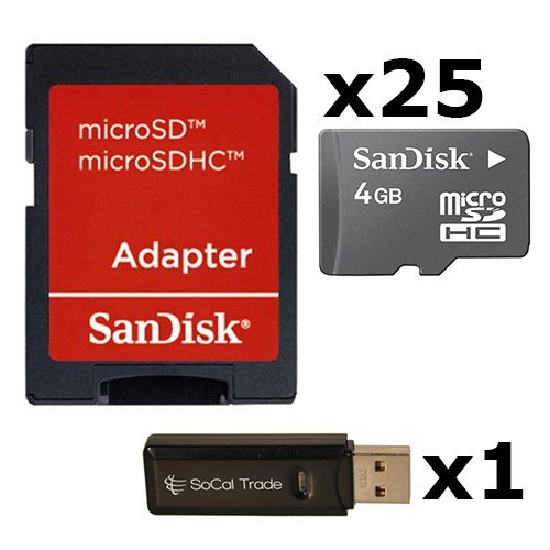 25 PACK - SanDisk 4GB MicroSD HC Memory Card SDSDQAB-004G (Bulk Packaging) LOT OF 25 with SD Adapter and SoCal Trade USB 2.0 MicoSD & SD Memory Card Reader