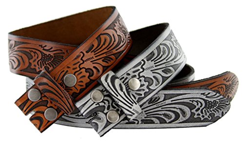 Western Embossed Black Brown Leather Belt Strap w/ Snaps for Interchangeable Buckles