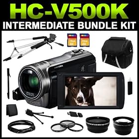 Panasonic HC-V500K Black 1/5.8 MOS 3.0 LCD 38X Optical Zoom Full HD Camcorder Intermediate Bundle Kit includes Charger, Battery, 32GB SD Memory, Carrying Case, Full Size Tripod, Monopod, HDMI Cable, Card Reader, (2) Lenses, Filters and Cleaning Kit