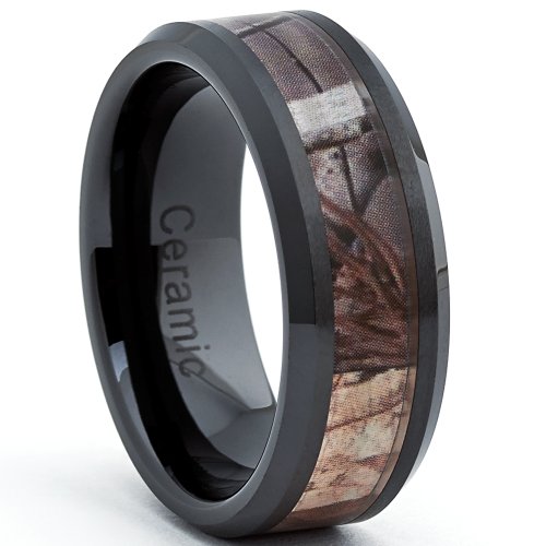 Black Ceramic Men's Hunting Camo Ring, Comfort Fit Band, 8mm Sizes 5 to 15