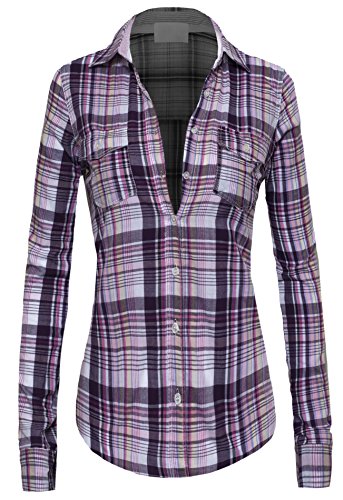 Women's Classic Collar Button Down Long Sleeve Lightweight Cotton Plaid Shirt