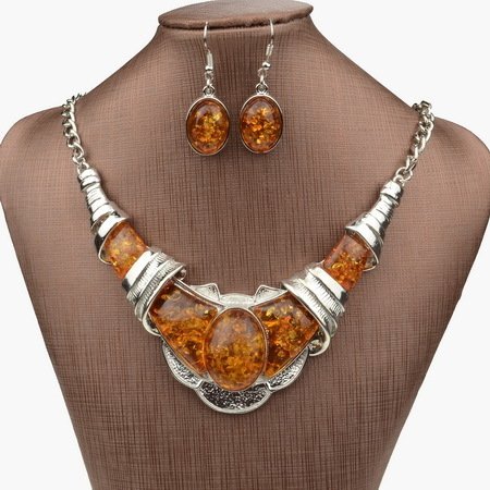 Artificial Amber Fashion VTG Baltic Gem Necklace Pendant Earring Sets