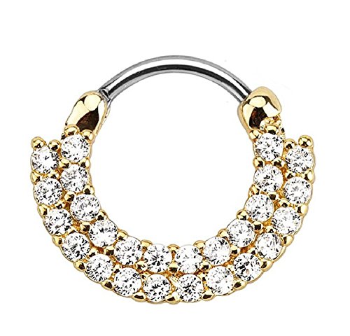 Lined Paved Clear Gems Gold IP 316L Surgical Steel Round Septum Clicker 115GC
