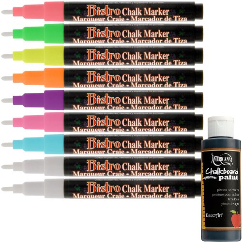 Uchida Bistro Chalk Marker Fine Point Fluorescent Colors 9 Piece Kit FREE 2oz Black Chalkboard Paint