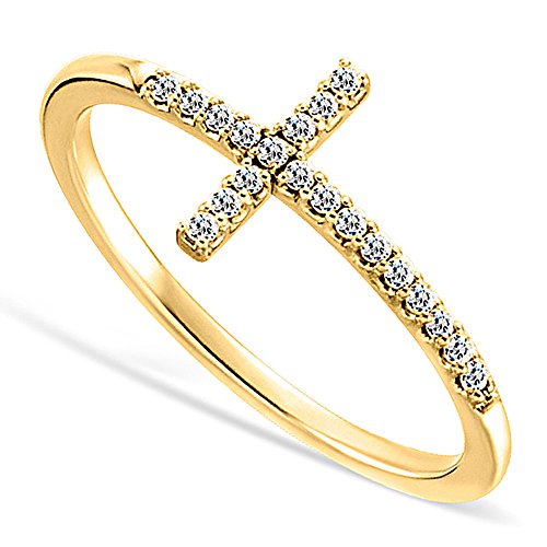 Sideways Cross CZ Yellow Gold Plated Sterling Silver Ring