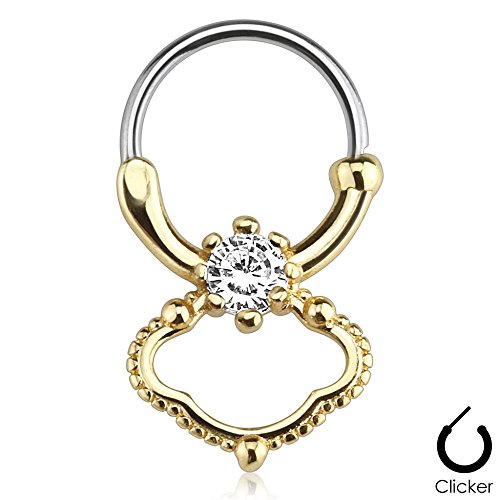 Gold IP Single CZ Dangling Septum Clicker 117GC