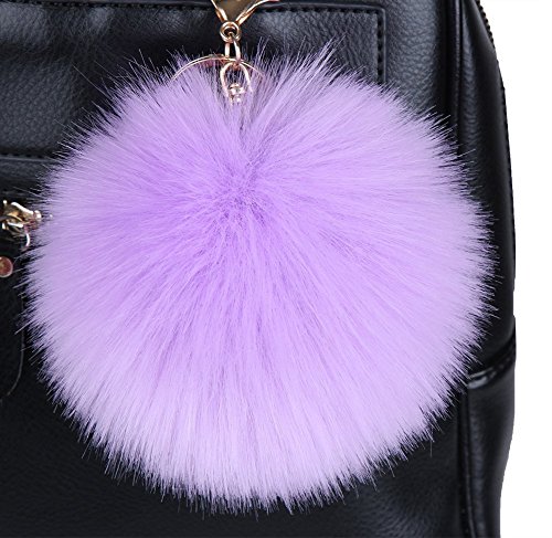 Minigianni 4 Inches Purple Big Fluffy Faux Rabbit Fur Pom Pom Charm Ball Key Ring Chain Keychain for Handbag Wallet Purse Car Key(Purple)