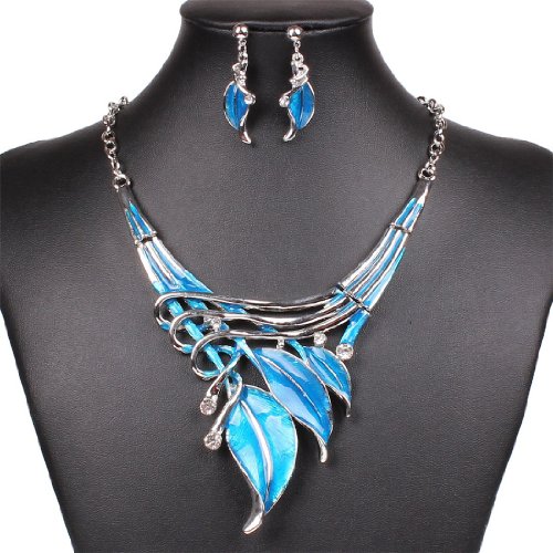 Qiyun (TM) Fashion Lake Blue Leaf Lariat Y-Necklace Chain Necklace Earrings Jewelry Set
