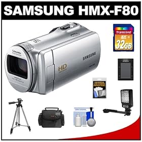 Samsung HMX-F80 Flash Memory HD Digital Video Camcorder (Silver) with 32GB Card + Battery + Tripod + LED Light & Bracket + Case + Accessory Kit
