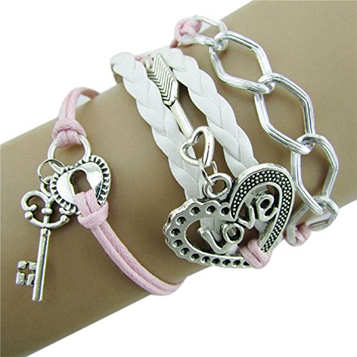 Sannysis Infinity Love Heart Key Lock Friendship Antique Leather Charm Bracelet