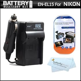Battery Charger Kit For Nikon D7000, D800, D800E DSLR and Nikon 1 V1 Digital Camera Includes Ac/Dc 110/220 Rapid Travel Charger For Nikon EN-EL15 Battery + LCD Screen Protectors + MicroFiber Cloth