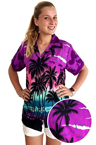 Funky Hawaiian Blouse Women Short-Sleeve Front-Pocket Beach Palm Purple