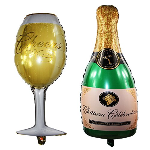 Langxun Wine Glass and Champagne Large Size and Thickened Foil Balloons Air-filled / Helium Balloons for Wedding Birthday Party Anniversary Decorations