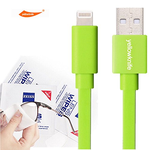 YellowKnife MFi Certified-IOS 7 Noodle Flat 8pin Lightning (3.2ft) Colorful USB Cable Supports Charging And Syncing for iPhone 5 5S 5C,iPad (Air/4th generation),iPad mini,iPod (7th generation),iPod touch (5th generation)&iPod nano(7th generation) With ZEISS Zeiss Pre-Moistened Lens Cloths (Green-T)
